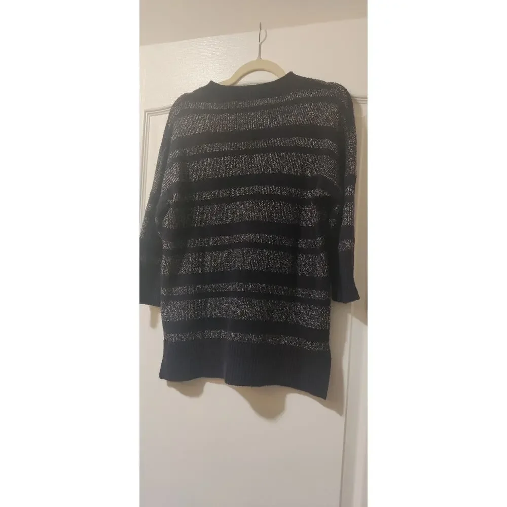 Theory Black Marled Wool Stripe Sweater 3/4 Sleeve Minimalist Academia Size L